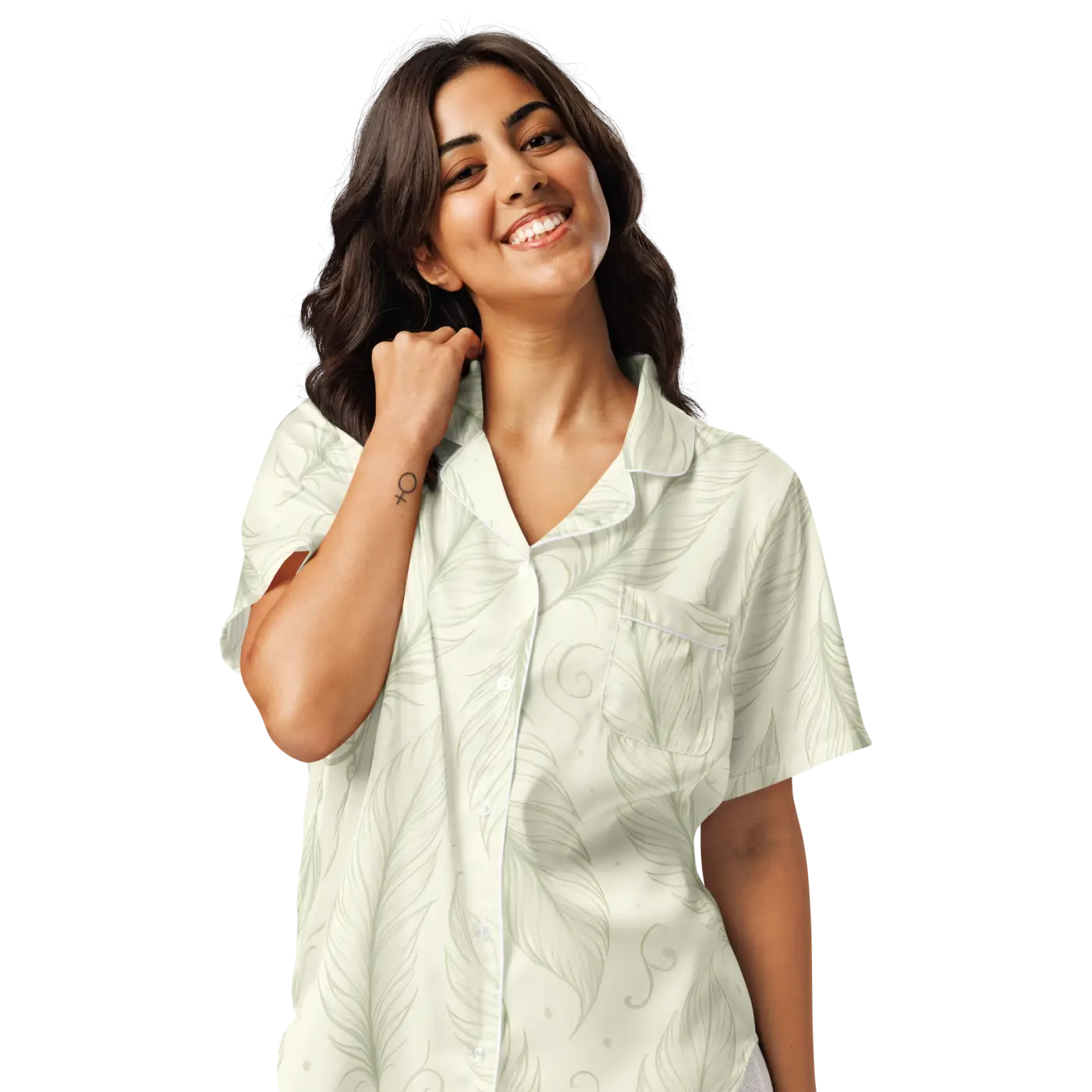 Silky Short Sleeve Pajama - Boho Feathers Satin - Dipaliz