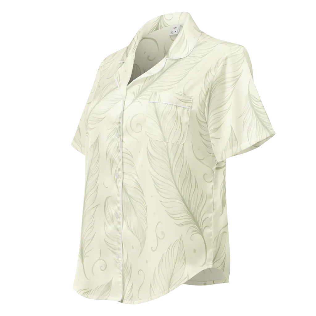 Silky Short Sleeve Pajama - Boho Feathers Satin - Dipaliz