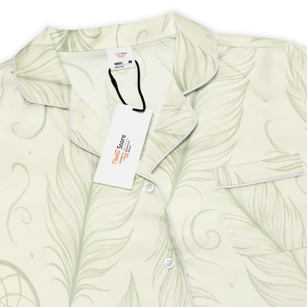 Silky Short Sleeve Pajama - Boho Feathers Satin - Dipaliz