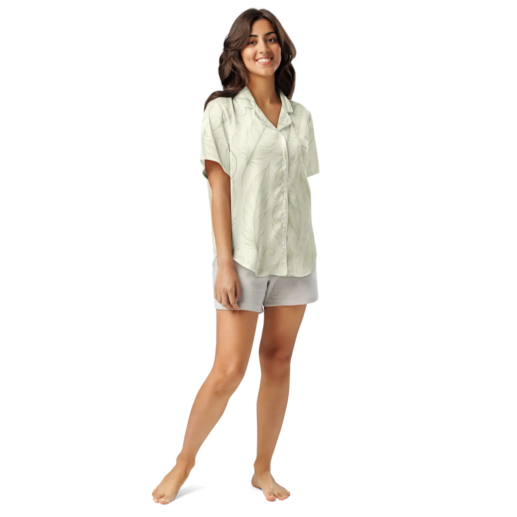 Silky Short Sleeve Pajama - Boho Feathers Satin - Dipaliz