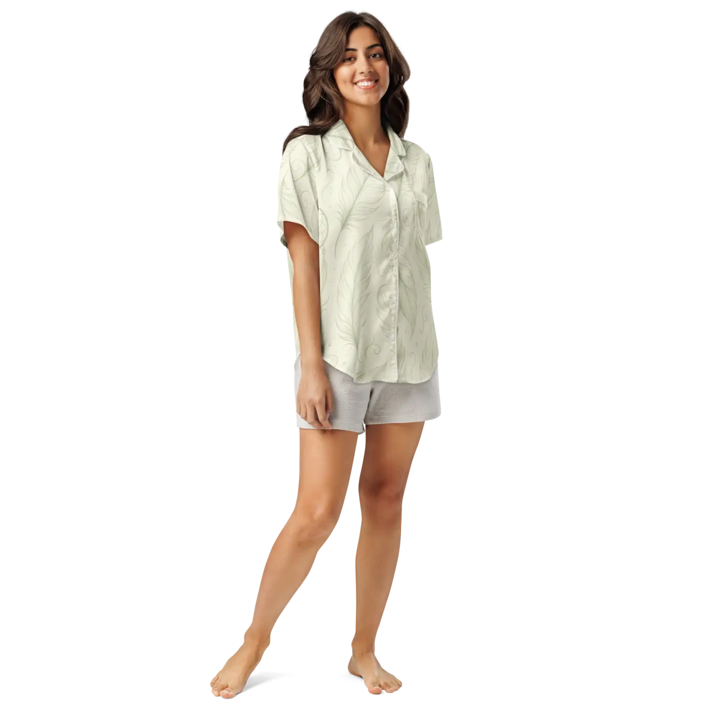 Silky Short Sleeve Pajama - Boho Feathers Satin - Dipaliz